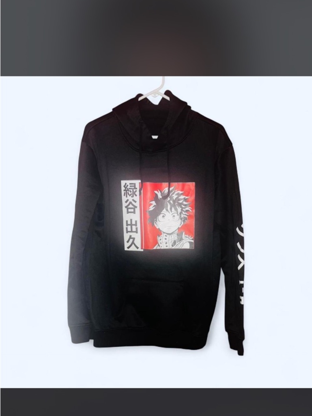 Black Graphic Pullover Hoodie with Red Anime Panel
